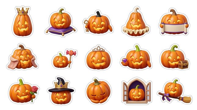 Set of various carved halloween 3d pumpkin characters isolated on a clean white background design