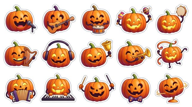 A collection of cute halloween 3d jack o lantern characters with various expressions and poses