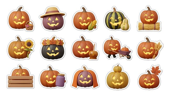 Collection of various halloween 3d jack o lantern pumpkin characters isolated on a white background