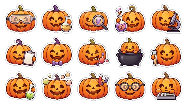 Set of cute halloween 3d pumpkin characters with various expressions and accessories for festive design