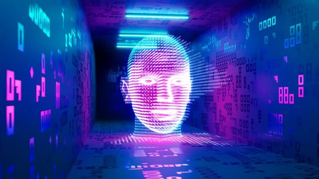 Digital human face glowing in neon data corridor with binary code covering walls