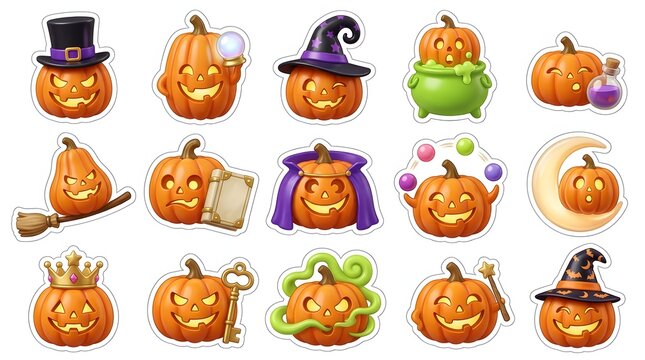 Set of cute halloween 3d pumpkin characters with various accessories and funny expressions isolated collection