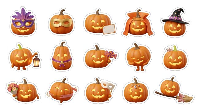 Set of cute halloween 3d carved pumpkin characters with various expressions isolated on white background