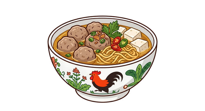 Cute 2D cartoon illustration of Indonesian beef meatball soup bakso in iconic rooster pattern bowl generative AI