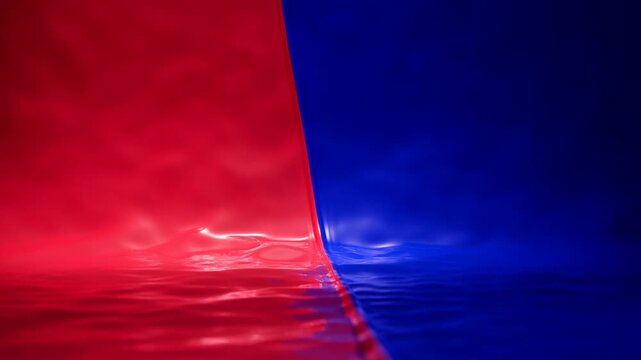 Abstract Red and Blue Liquid Surfaces Meet Along a Glossy Split Background