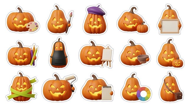 A collection of cute halloween 3d jack o lantern pumpkins isolated on a white background