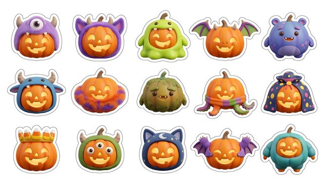 Set of cute halloween 3d pumpkin characters with various funny expressions and colorful monster costumes
