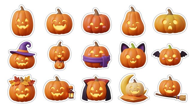 Set of cute halloween 3d pumpkins with various accessories and glowing faces on white background