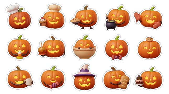 Set of cute halloween 3d jack o lantern pumpkin characters with various expressions and festive accessories