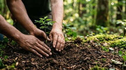 Fototapeta premium A pair of hands planting a young tree in rich soil in a forest.