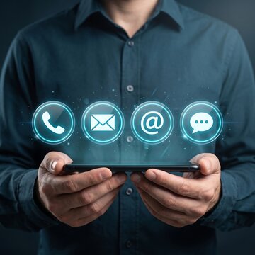 Digital communication solution featuring holographic phone email and messaging icons for customer service