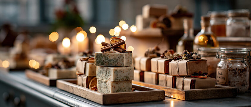 An elegant close-up photo of artisanal handmade soap bars topped with dried orange slices and cinnamon sticks, displayed alongside craft packaged bath products with warm bokeh lights.