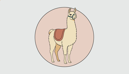 Naklejka premium Llama wearing a saddle standing inside a soft pink circle frame isolated on a neutral light grey background vector art.