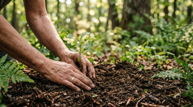 Close up of dirty hands planting a young green sprout in dark forest soil for environmental conservation.