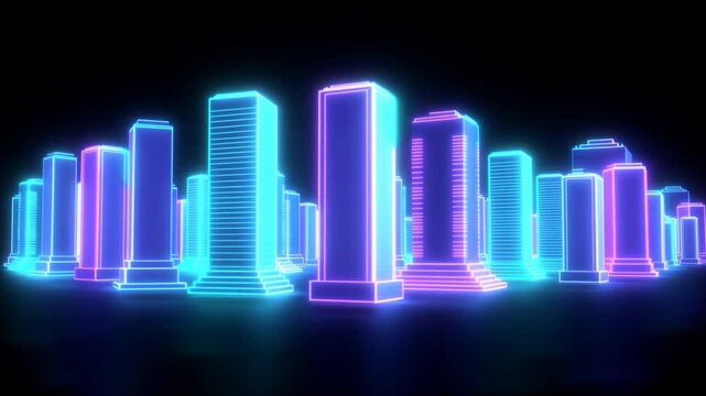 Neon city skyline with glowing skyscrapers in a dark futuristic urban setting