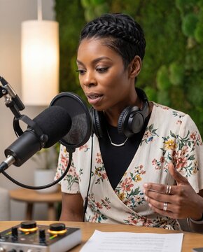 Generative AI, Black woman recording a podcast with a microphone