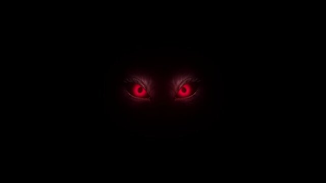 Glowing red eyes stare from deep darkness in an eerie horror setting