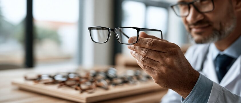 A wide panoramic photograph of a professional male optometrist wearing glasses and a white lab coat, holding up a sleek pair of prescription eyeglasses for a patient in a modern optical store setting.