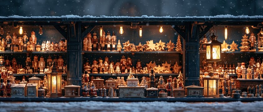 A panoramic night photo of an illuminated wooden Christmas market stall filled with handmade nutcrackers, music boxes, lanterns, and carved decorations under gently falling snow.
