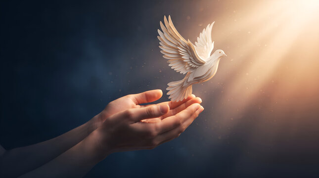 Elegant paper dove flying gracefully from open human hands into golden light beams representing peace hope spirituality and freedom in this beautiful high resolution artistic composition