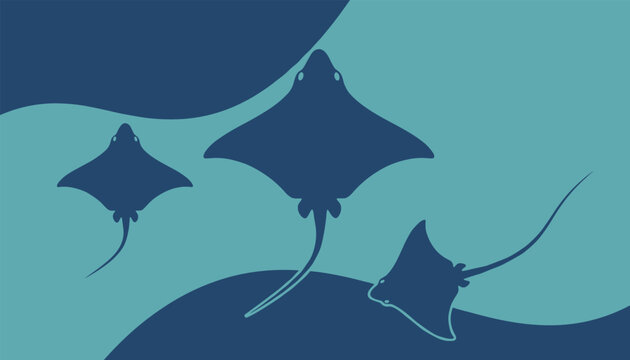 Three stingrays swimming in deep blue and turquoise sea waters, abstract marine nature flat vector illustration.
