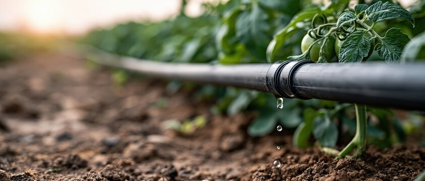 Sustainable precision farming in action a drip irrigation emitter releases water droplets onto rich soil beside a thriving tomato plant, symbolizing ecoconscious agriculture and water.