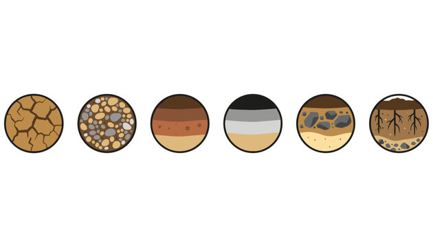 Circular diagrams showing different layers and types of soil including dry earth, gravel, loam, rock, and root systems.