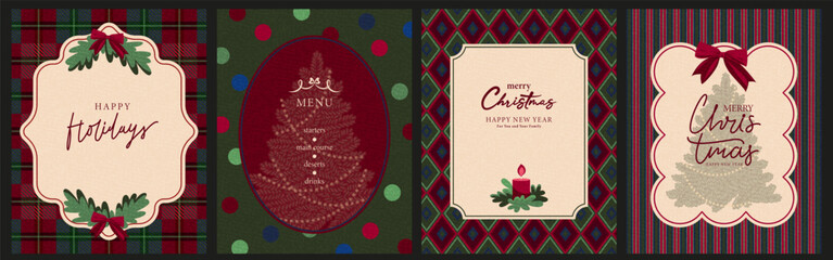 Naklejka premium Merry Christmas greeting card template in retro vintage, cottage core style. Christmas tree lettering vector winter holiday background. New Year, holiday greetings. Colorful geometric plaid pattern. 