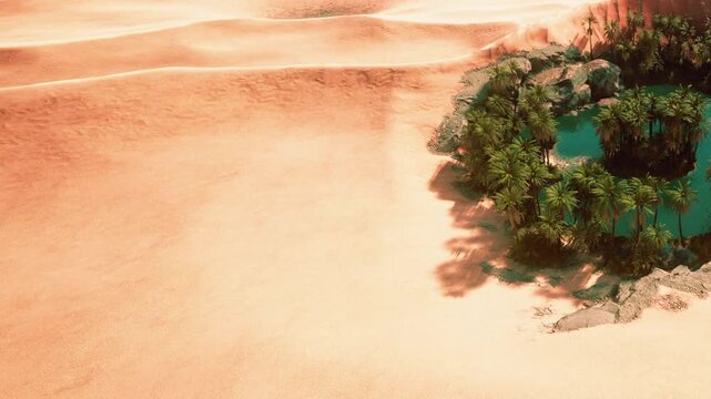Sun shines brightly on the sandy desert with rolling dunes. An oasis with clear water is surrounded by green palm trees, providing contrast to the dry land.
