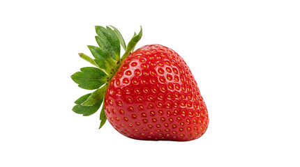 Single ripe strawberry with green leaves isolated on white background © PixelAura