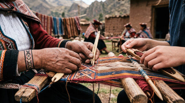 Two people weaving colorful fabric on a loom.
