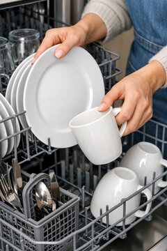 Hands loading white plates and mugs into a dishwasher rack for kitchen cleaning and organization and household appliance use for background or banner
