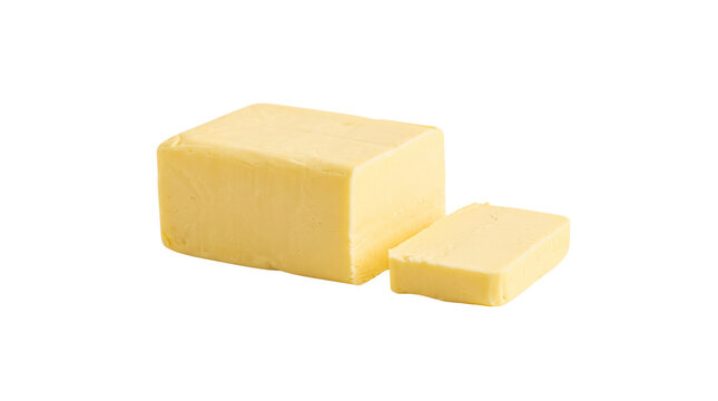 Fresh yellow butter block cut into thin slices on white background