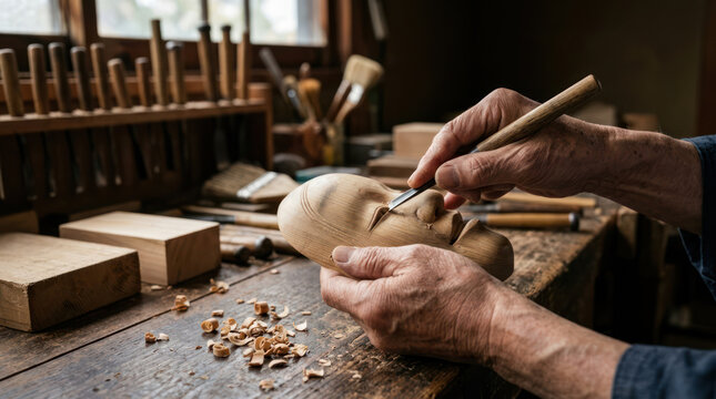 Woodworker Carving a Wooden Mask with Tools in Workshop.
