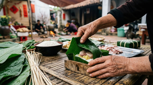 Womans hands wrapping food in green leaves for cooking.