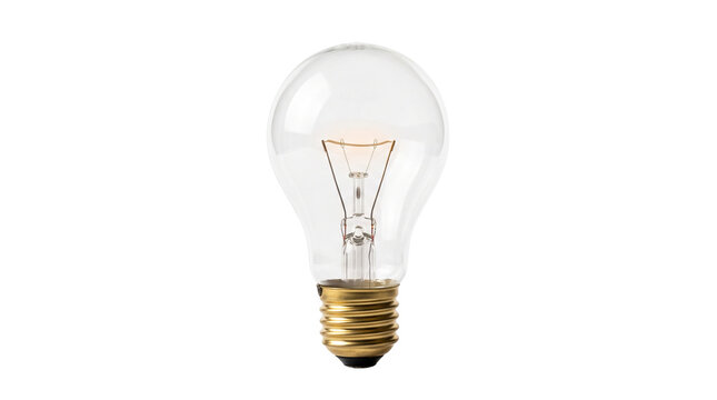 Glowing clear light bulb with golden base isolated on white background