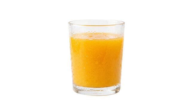Chilled fresh orange juice inside clear glass with water droplets