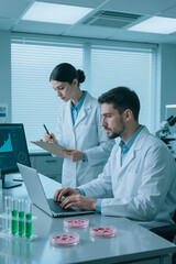 Fototapeta premium Caucasian scientists analyzing laboratory data on laptop while reviewing notes beside test tubes and petri dishes, supporting medical research, biotech marketing, vertical