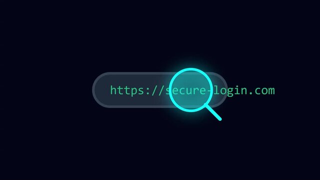 Cybersecurity-themed animation featuring a secure login URL, glowing search interface and digital authentication elements on a dark background.