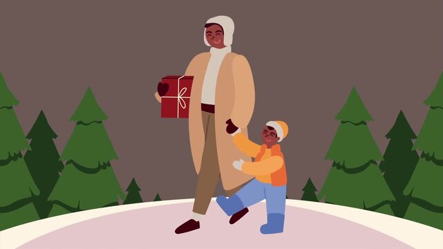 Flat animation of mother and child walking through snowy pine forest with christmas gift.