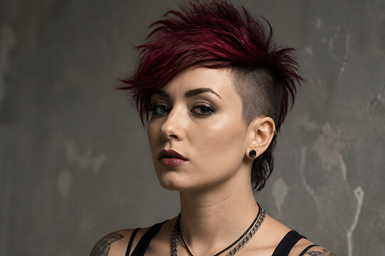 A woman with a vibrant red mohawk hairstyle is posing for a portrait against a dark, textured background.