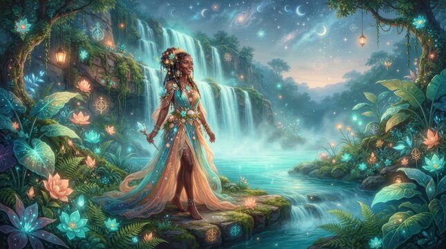 Enchantress of the Falls: A mystical woman in an ethereal gown stands beside a cascading waterfall, surrounded by glowing flora and a starlit sky. The scene evokes a sense of magic and wonder.