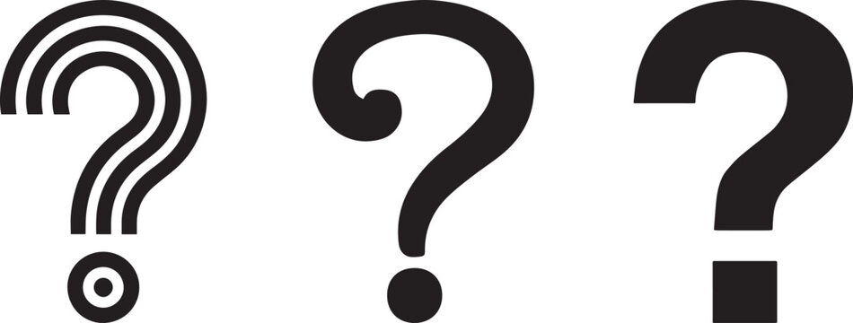 Minimalist question mark icons set, black interrogation symbols on white, 3 vector punctuation marks for help and faq support