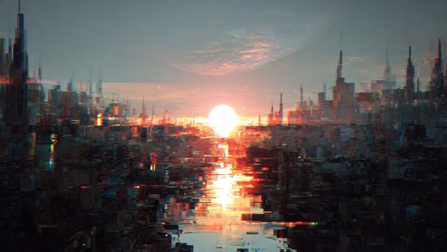 Glitch aesthetic futuristic cityscape with digital sunset and sci-fi vibes