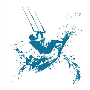 Dynamic blue graphic illustration of a kitesurfer performing extreme water jump trick with ocean spray and splash accents isolated on a clean white background for sports and lifestyle design.