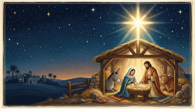 Serene nativity scene under starry night sky featuring holy family and animals