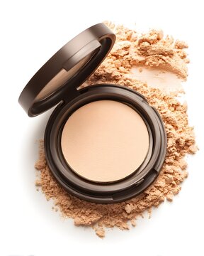 Beige compact foundation case with matching powder swatch, makeup product isolated on white background