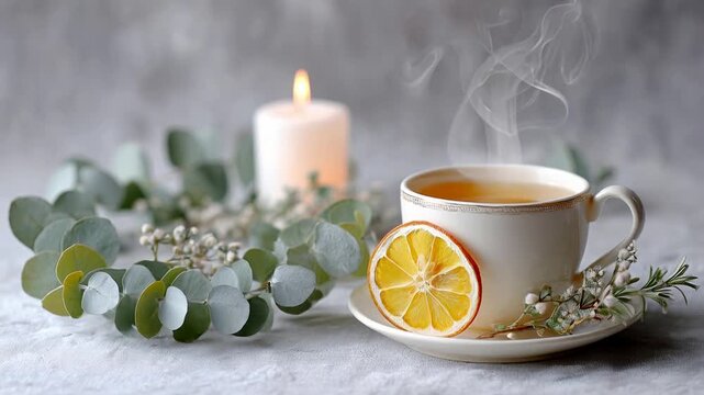 ?Relaxing candlelit tea with eucalyptus and orange slice: a soothing aroma experience