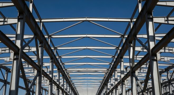 Industrial steel structure under blue sky: architecture and construction framework