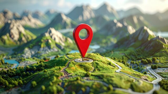 Red 3D map location pin on lush green hills.